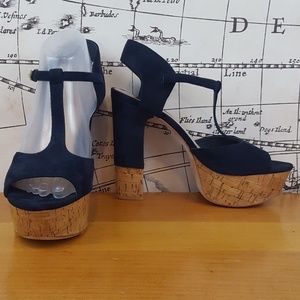 Peep toe dark blue ankle strap pumps high heels